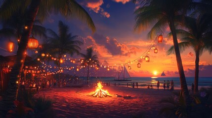 A beach scene with a fire and people sitting around it