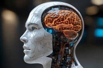 Wall Mural - Anatomy artificial cognition AI enhanced brain cognitive mapping and augmented cognition cybernetic human head with exposed brain circuitry highlighting futuristic ai intelligence