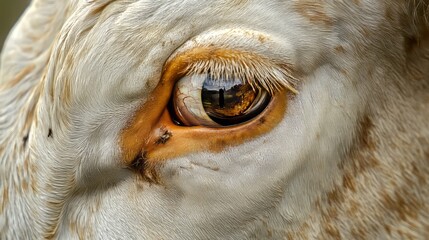 Close up of a cow's eye with a reflection of the sky and trees.