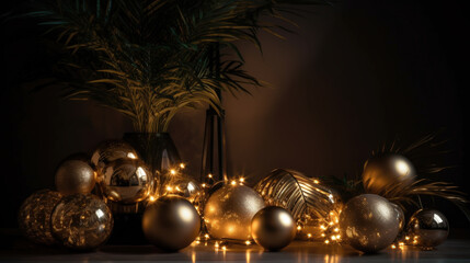 Elegant holiday decor with gold ornaments and candles on a dark background