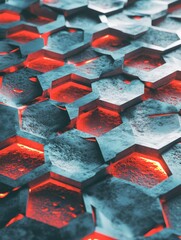 Poster - Abstract Hexagonal Pattern with Glowing Red Lights.