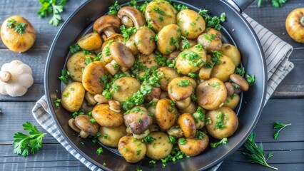 Sautéed mushrooms and baby potatoes garnished with fresh herbs in a skillet