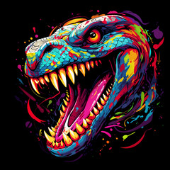 Roaring dinosaur head illustration, neon colors, fierce reptile on black background, t-shirt print design