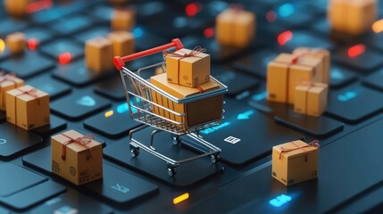 A miniature shopping cart filled with small cardboard boxes sits on a laptop keyboard, representing online shopping and e-commerce.