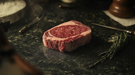 Raw steak on a dark counter with rosemary.