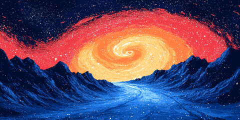 Wall Mural - A swirling galaxy, painted in red, orange, and yellow,  dominates the night sky above a distant mountain range.