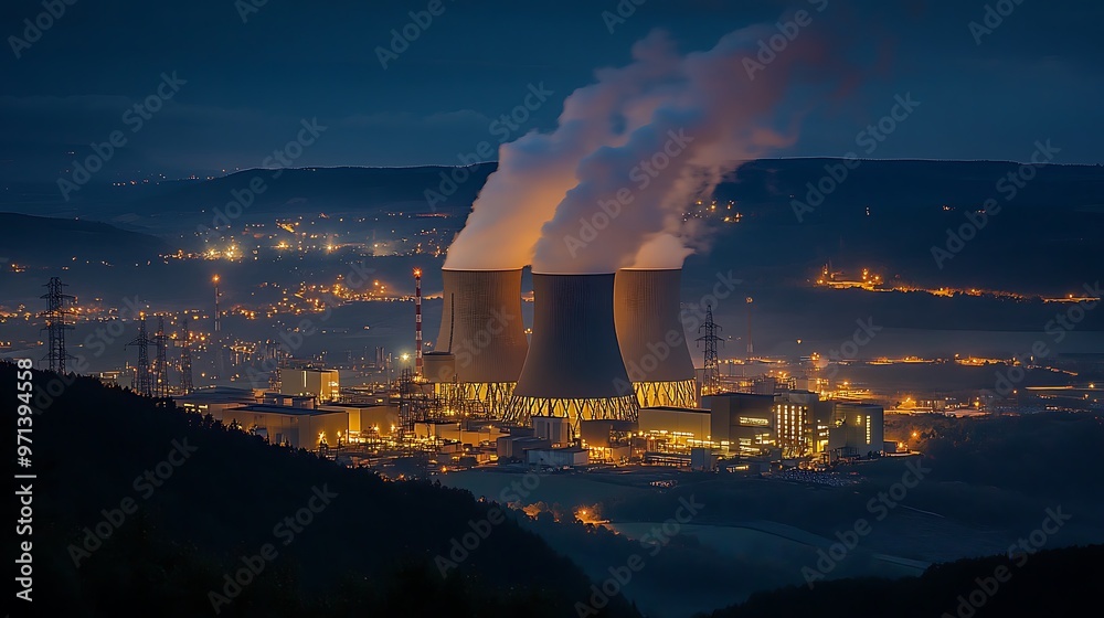 Evening view of a nuclear power plant, with cooling towers illuminated ...