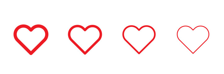 Wall Mural - set of red outlined valentine heart signs in 4 variations isolated collection. vector icons in flat 