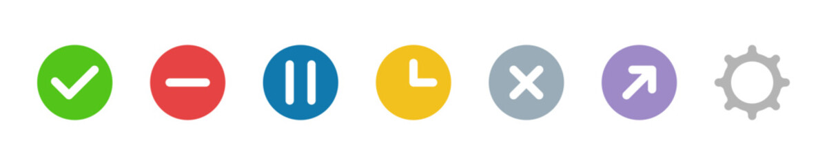 Wall Mural - checkmark, no, pause, clock, cross, arrows and gear signs isolated for ui. vector icons in flat styl