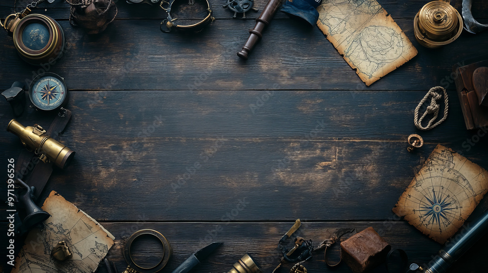 A dark wooden background with various nautical objects and accessories ...