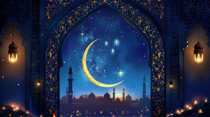 Canvas Print - Crescent Moon and Stars Shining Through an Ornate Arch