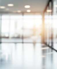Poster - Blurry image of a modern office space with large windows allowing natural daylight to fill the room and soft colors throughout.