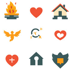 Icons set for love home fireplace angel symbols vector illustration heart shapes graphic collection