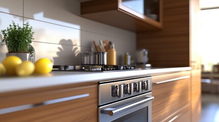 Modern kitchen interior with wooden cabinets, stainless steel appliances, and large windows overlooking nature