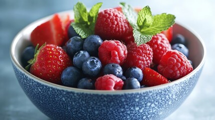 Vibrant Bowl of Mixed Berries with Mint Leaves - Healthy and Natural Snack Concept