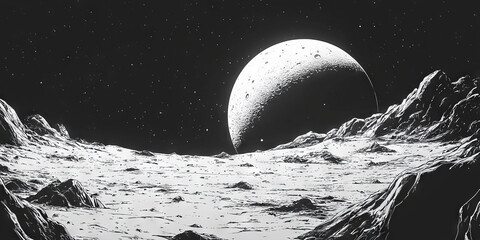 A black and white illustration of a moon landscape with a large moon in the background.