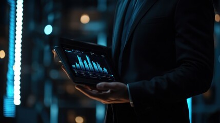Poster - A person holding a tablet, The tablet displays a series of graphs and charts, with one prominent bar chart showing an upward trend,The background is dark