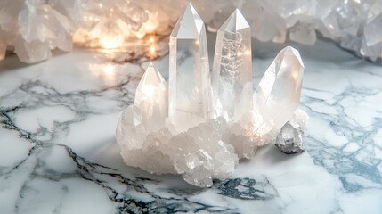 Poster - natural clear quartz crystals arranged on a bright marble surface with soft lighting creating an ele