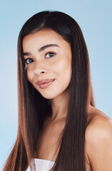 Sticker - Girl, hairstyle and cosmetics in studio portrait with pride, confidence and growth by blue background. Woman, person and model with hair care, change and transformation with results in Colombia