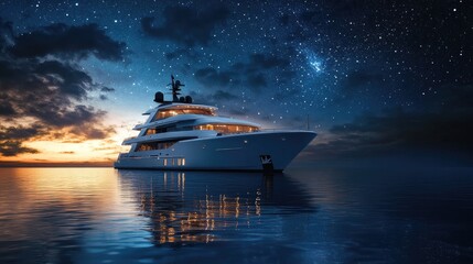 Wall Mural - A luxurious white yacht is anchored in the middle of the ocean at night under a starry sky. The yacht is illuminated by warm lights, casting a reflection on the water.