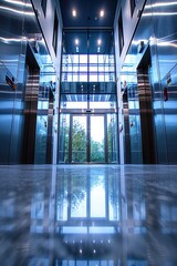 Wall Mural - A modern, sleek elevator foyer in a high-rise building showcasing contemporary glass and steel architecture with reflective flooring and natural light