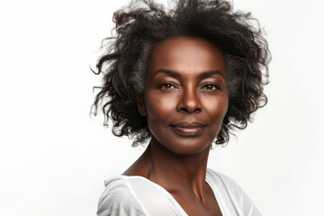 Wall Mural - Smiling middle aged african woman on white background