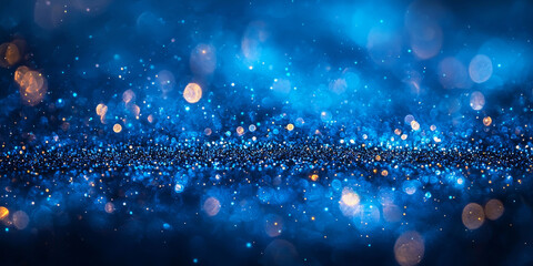 Abstract blue glitter background with bokeh lights.