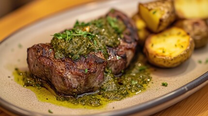 Perfectly grilled beef steaks topped with fresh green chimichurri sauce, served alongside rustic potatoes on an elegant plate, capturing the essence of fine dining. The natural lighting enhances the v