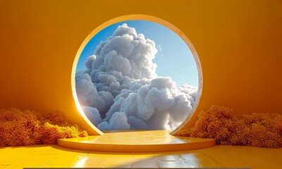 Wall Mural - a yellow room with a large circular window and a cloudy sky outside