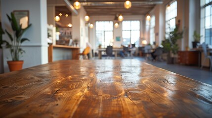 Wall Mural - This image captures a modern and cozy open-plan office space with wooden furniture, warm lighting, wall decorations, and a blend of comfortable seating arrangements promoting a collaborative work