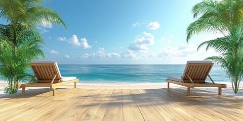 Relaxing beachfront scene with two sun loungers and a wooden deck shaded by palm trees looking out over a calm, clear ocean under a bright blue sky