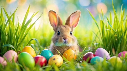 A cute bunny peeking through tall grass with colorful easter eggs a cheerful spring day filled with joy and nature's beauty