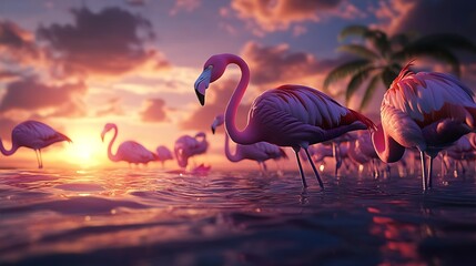 Wall Mural - A flock of flamingos standing gracefully in shallow water at sunset