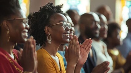 Poster - A group of people are clapping and smiling at a woman in a yellow shirt