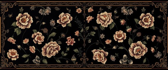 Wall Mural - Floral Pattern with Gold Trim on Black Background