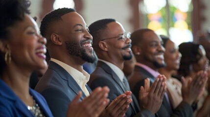 Poster - A group of people are smiling and clapping in a church