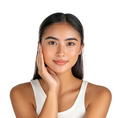 Smiling young woman touching her face indoors isolated transparent