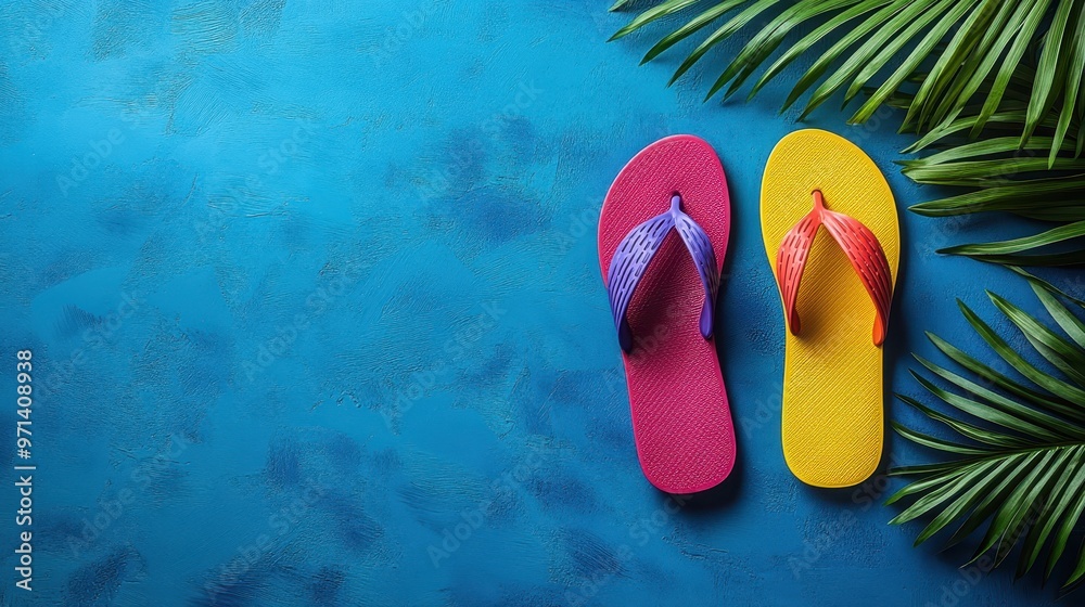 Top view of colorful flip-flops on a blue tropical background ...
