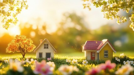 Two small houses with gardens and flowers in sunlit scene