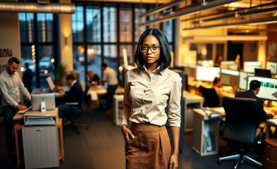 dark skinned woman in business clothes standing in evening office