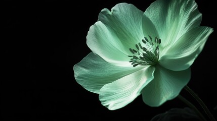 Leinwandbilder - Green flower glowing against a pitch-black background, creating a beautiful, ethereal effect, with soft light illuminating the petals