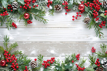 Wall Mural - christmas and new years background with fir branches, holly, berries and snowfall on wooden white bo