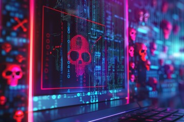 Poster - A vibrant depiction of cyber threats, showcasing a skull over a digital interface, highlighting the dangers of hacking and malware.