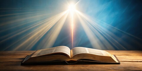 Bright light shining from open Christian Bible during Bible study in a peaceful setting