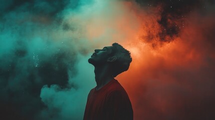 Wall Mural - Facing my Faith. Portrait of a man in a red shirt on a background of colored smoke.