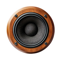 Close-up of a vintage speaker featuring a polished wooden frame and a textured speaker cone isolated white background, transparent background.