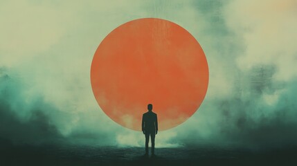 Wall Mural - Facing my Faith. Silhouette of a man standing in front of the red sun.