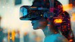 © KYR - Woman wearing a VR headset, deeply immersed in exploring the metaverse, with colorful virtual graphics surrounding her in an exciting, futuristic environment