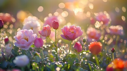 A beautiful flower garden with various blossoms covered in dew drops, creating a sparkling effect across the entire scene in the early morning.