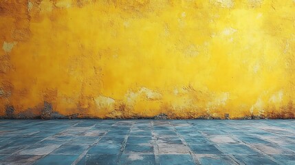 Wall Mural - A yellow wall with a distressed texture and blue tile floor.